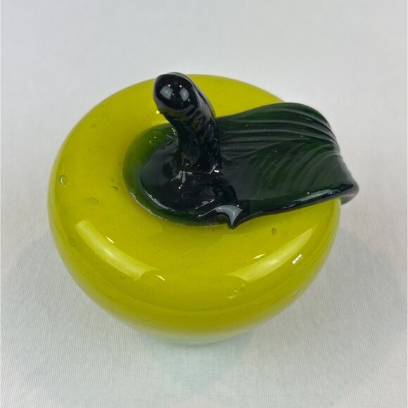 Murano Style Vintage Green Glass Apple Paperweight Stem Leaf Accent - Picture 2 of 10
